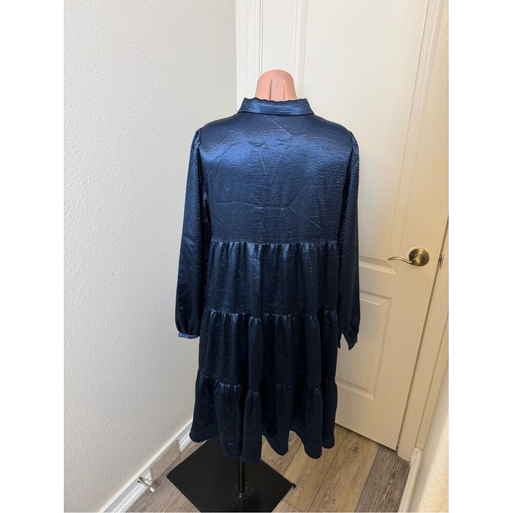Scotch & Soda navy blue satin Long Sleeve Tiered dress Sz M - Picture 3 of 5